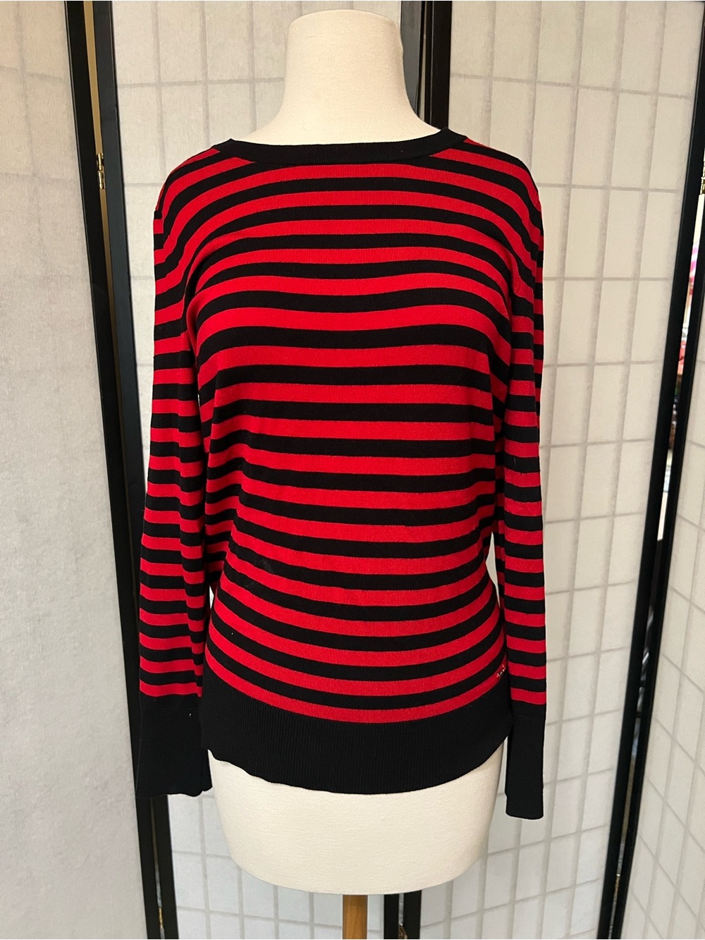 DKNY Red and Black Striped Crewneck Sweater